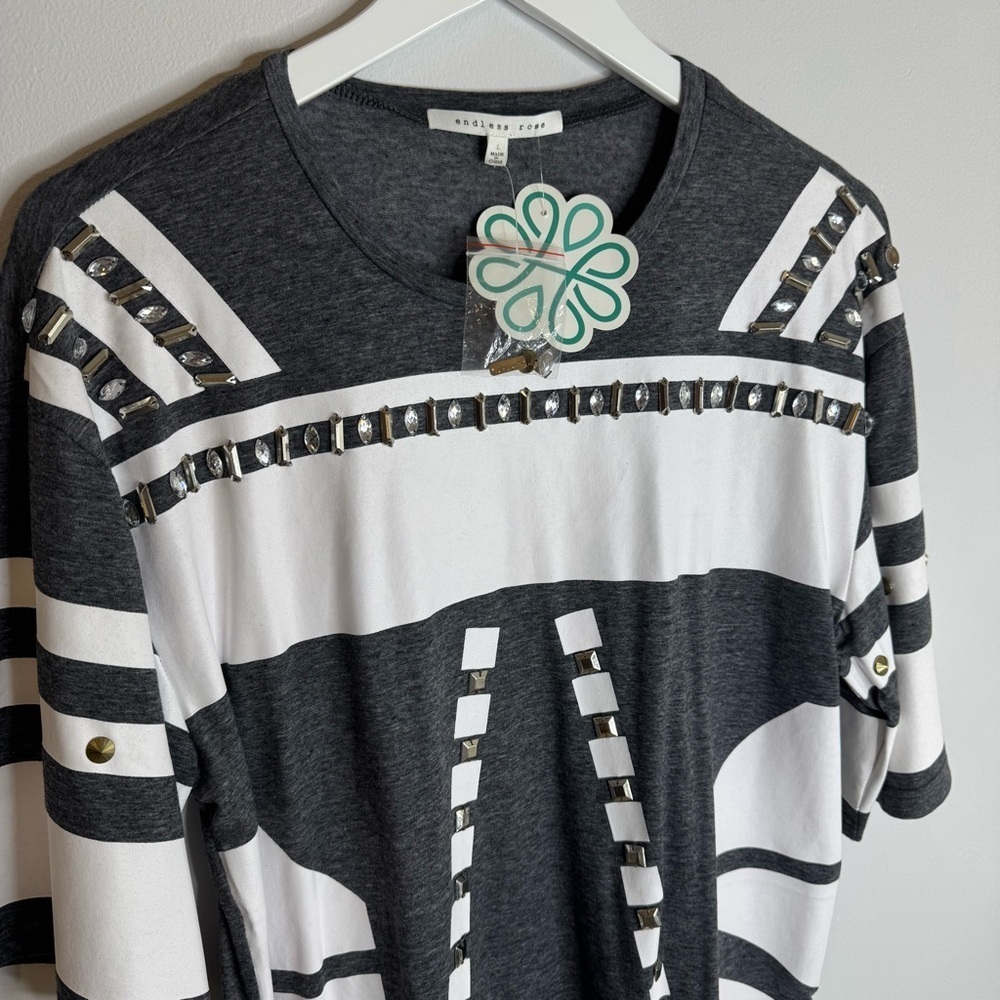NWT Endless Rose | Gray and White Studded and Graphic T-Shirt Dress | Size Large - Picture 4 of 5